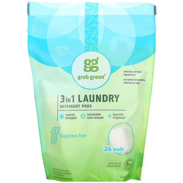 Grab Green, 3-in-1 Laundry Detergent Pods, Fragrance Free, 24 Loads, 13.5 oz (384 g) - The Supplement Shop