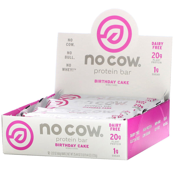 No Cow, Protein Bar, Birthday Cake, 12 Bars, 2.12 oz (60 g) Each - The Supplement Shop