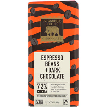 Endangered Species Chocolate, Espresso Beans + Dark Chocolate, 72% Cocoa, 3 oz (85 g)