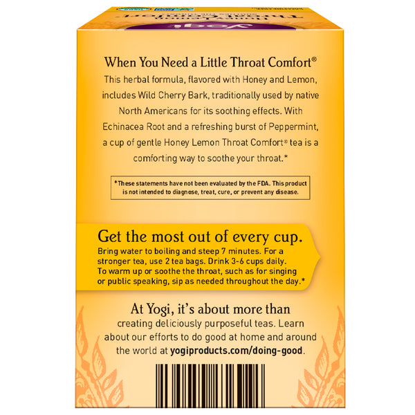 Yogi Tea, Throat Comfort, Honey Lemon, Caffeine Free, 16 Tea Bags, 1.12 oz (32 g) - The Supplement Shop