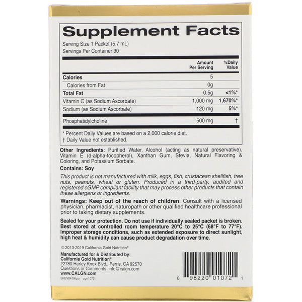 California Gold Nutrition, Liposomal Vitamin C, Natural Orange Flavor, 1000 mg, 30 Packets, 0.2 oz (5.7 ml) Each - The Supplement Shop