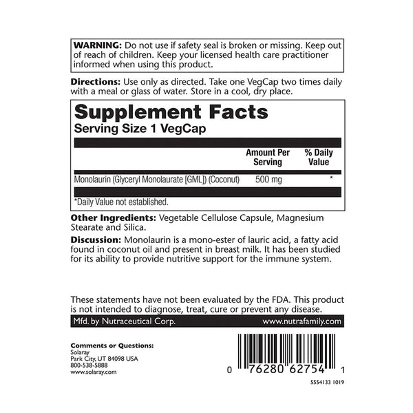 Solaray, Monolaurin, 500 mg, 60 VegCaps - The Supplement Shop