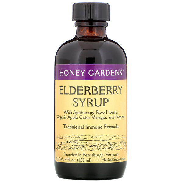 Honey Gardens, Elderberry Syrup with Apitherapy Raw Honey, Propolis and Elderberries, 4 fl oz (120 ml) - The Supplement Shop