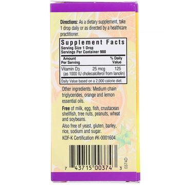 Bluebonnet Nutrition, Liquid Vitamin D3 Drops, Citrus, 25 mcg (1,000 IU), 1 fl oz (30 ml)