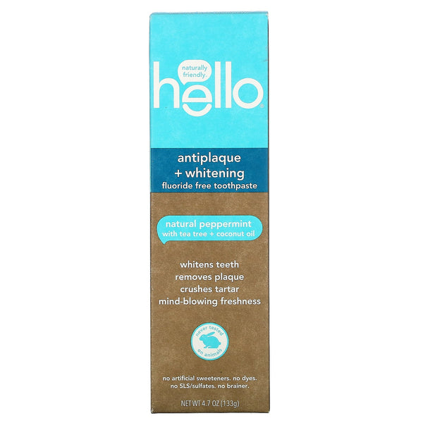 Hello, Antiplaque + Whitening Fluoride Free Toothpaste, Natural Peppermint, 4.7 oz (133 g) - The Supplement Shop