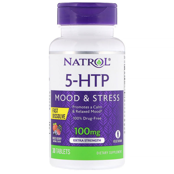 Natrol, 5-HTP, Fast Dissolve, Extra Strength, Wild Berry Flavor, 100 mg, 30 Tablets - The Supplement Shop