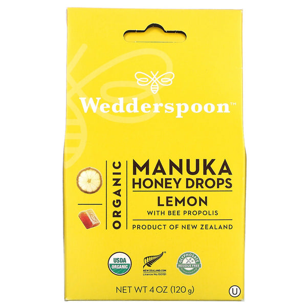 Wedderspoon, Organic Manuka Honey Drops, Lemon With Bee Propolis, 4 oz (120 g) - The Supplement Shop