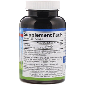 Carlson, Vitamin A, 7,500 mcg RAE (25,000 IU), 300 Soft Gels