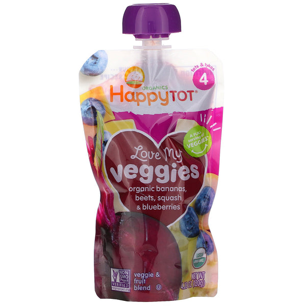 Happy Family Organics, Happy Tot, Stage 4, Love My Veggies, Organic Bananas, Beet, Squash & Blueberries, 4 Pouches, 4.22 oz (120 g) Each - The Supplement Shop