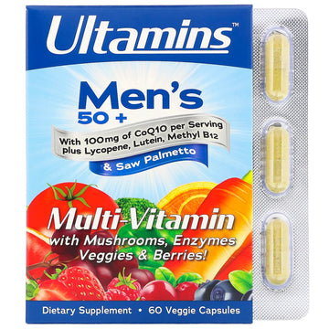Ultamins, Men's 50+ Multi-Vitamin with CoQ10, Mushrooms, Enzymes, Veggies & Berries, 60 Veggie Capsules