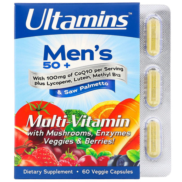 Ultamins, Men's 50+ Multi-Vitamin with CoQ10, Mushrooms, Enzymes, Veggies & Berries, 60 Veggie Capsules - The Supplement Shop