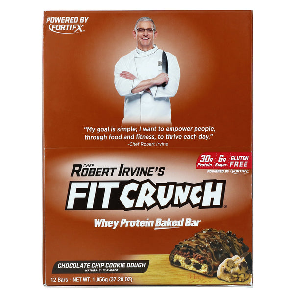 FITCRUNCH, Whey Protein Baked Bar, Chocolate Chip Cookie Dough, 12 Bars, 3.10 oz (88 g) Each - The Supplement Shop