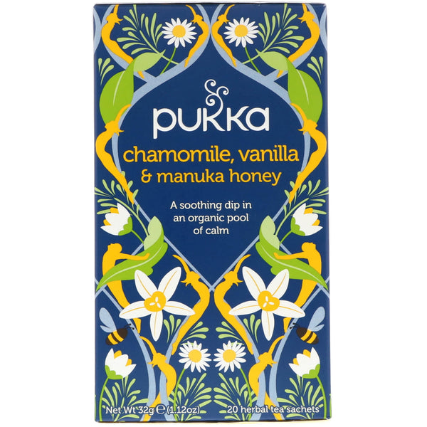 Pukka Herbs, Chamomile, Vanilla & Manuka Honey Tea, Caffeine Free, 20 Herbal Tea Sachets, 1.12 oz (32 g) - The Supplement Shop