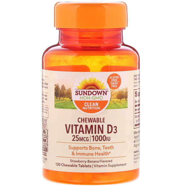 Sundown Naturals, Chewable Vitamin D3, Strawberry-Banana Flavored, 25 mg (1,000 IU), 120 ChewableTablets - The Supplement Shop