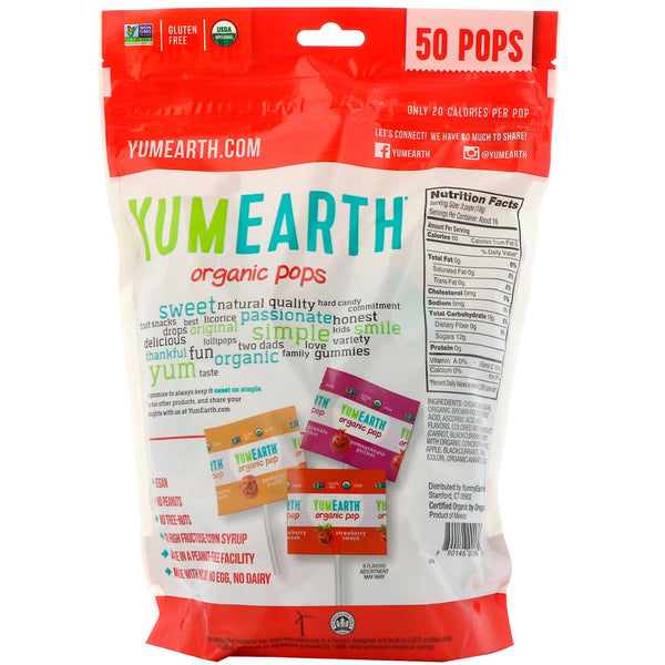 YumEarth, Organic Pops, Assorted Flavors, 50 Pops, 12.3 oz (348.7 g) - The Supplement Shop