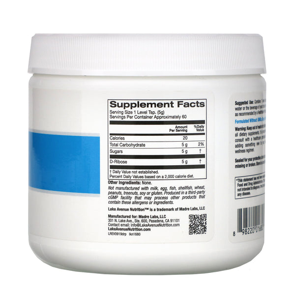 Lake Avenue Nutrition, D-Ribose Powder, Unflavored, 10.6 oz (300 g) - The Supplement Shop