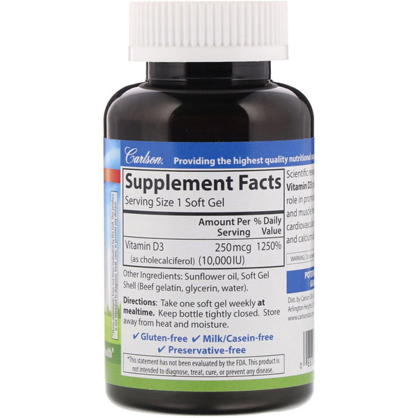 Carlson Labs, Vitamin D3, 250 mcg (10,000 IU), 120 Soft Gels - The Supplement Shop