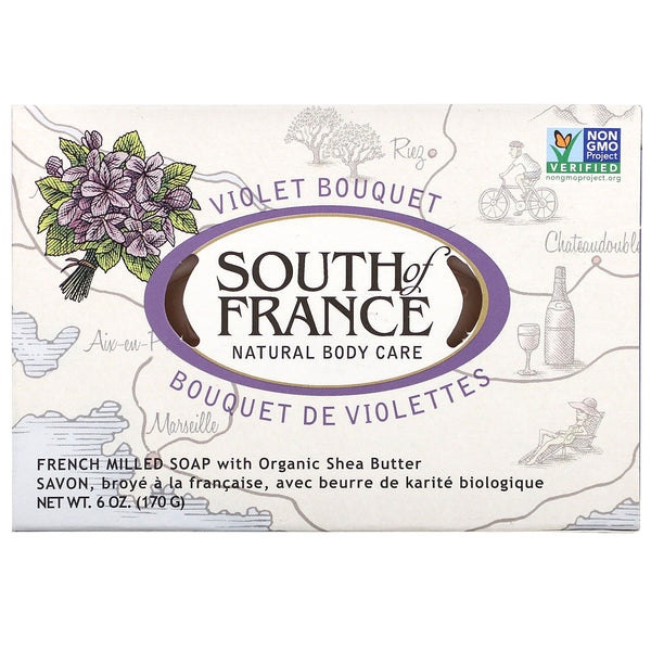 South of France, French Milled Bar Soap with Organic Shea Butter, Violet Bouquet, 6 oz (170 g) - The Supplement Shop