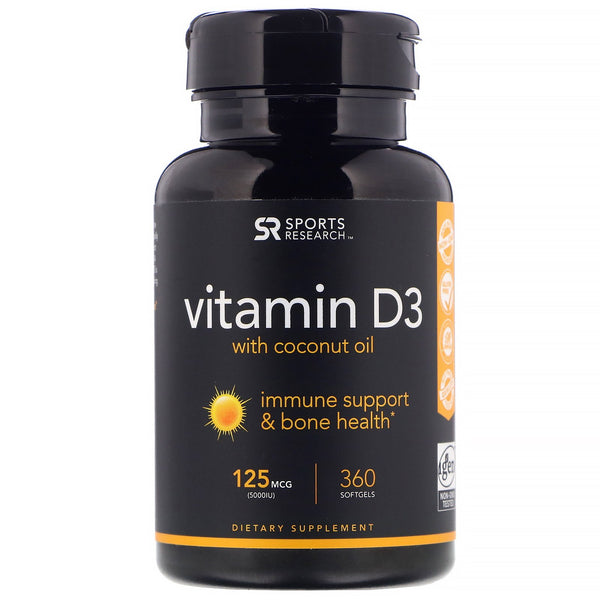Sports Research, Vitamin D3 with Coconut Oil, 125 mcg (5,000 IU), 360 Softgels - The Supplement Shop