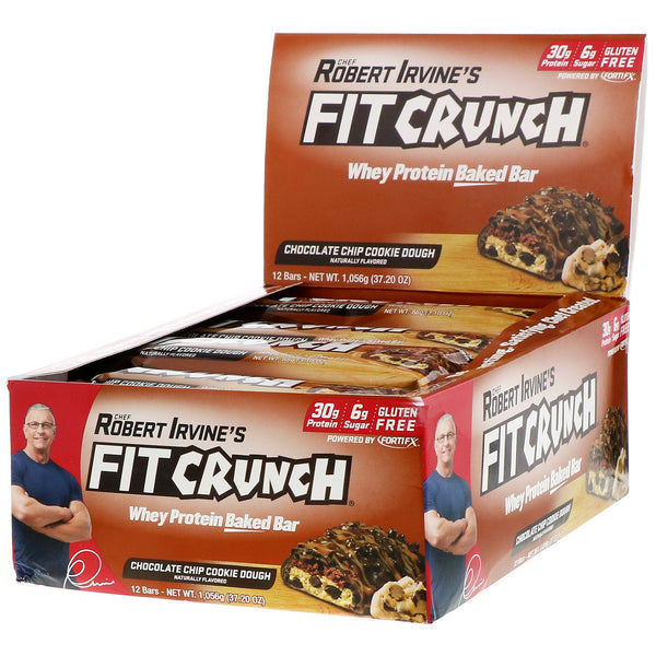 FITCRUNCH, Whey Protein Baked Bar, Chocolate Chip Cookie Dough, 12 Bars, 3.10 oz (88 g) Each - The Supplement Shop