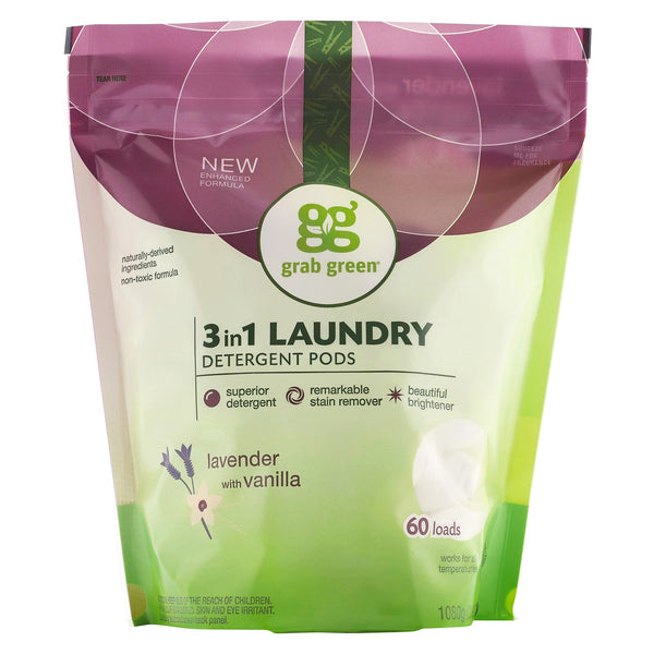 Grab Green, 3-in-1 Laundry Detergent Pods, Lavender with Vanilla, 60 Loads,2lbs, 6oz (1,080 g) - The Supplement Shop