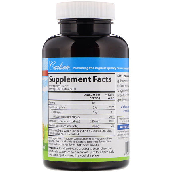 Carlson Labs, Kids, Chewable Vitamin C, Natural Tangerine Flavor, 250 mg, 60 Vegetarian Tablets - The Supplement Shop