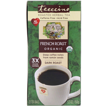 Teeccino, Organic Roasted Herbal Tea, French Roast, Dark Roast, Caffeine Free, 25 Tea Bags, 5.3 oz (150 g)