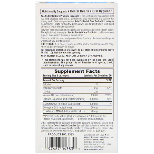 Nature's Plus, Adult's Dental Care Probiotic, Natural Peppermint Flavor, 60 Lozenges - The Supplement Shop
