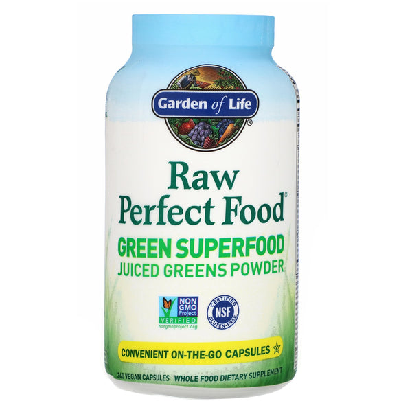 Garden of Life, RAW Perfect Food, Green Superfood, Juiced Greens Powder, 240 Vegan Capsules - The Supplement Shop