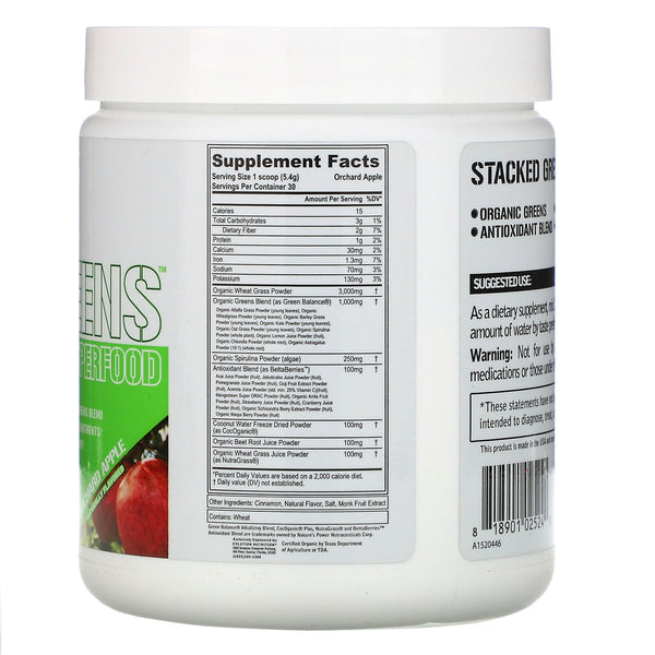 EVLution Nutrition, Stacked Greens Raw Superfood, Orchard Apple, 5.7 oz (162 g) - The Supplement Shop