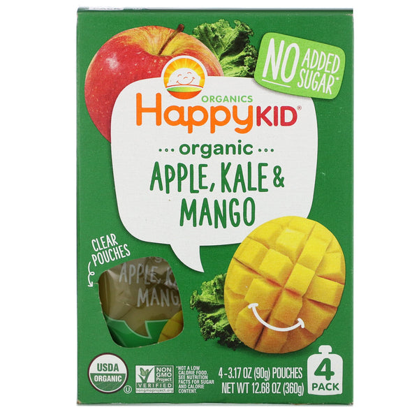 Happy Family Organics, Happy Kid, Organic Apple, Kale & Mango, 4 Pouches, 3.17 oz (90 g) Each - The Supplement Shop