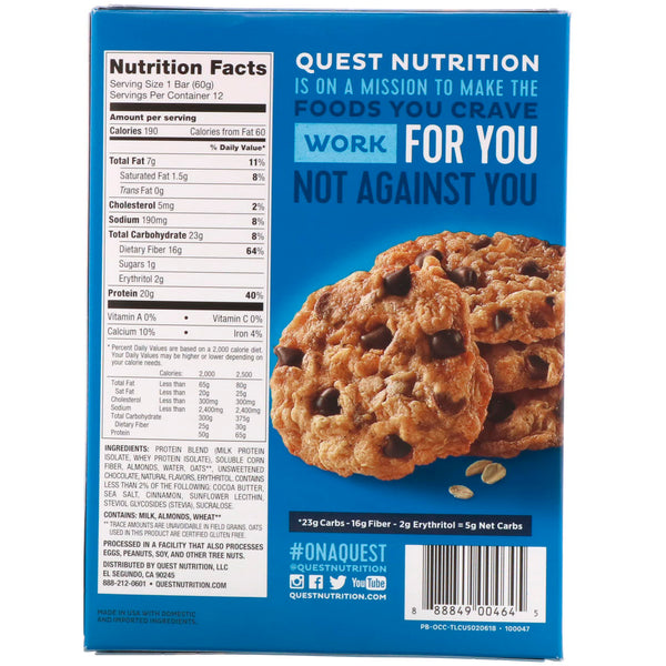 Quest Nutrition, Protein Bar, Oatmeal Chocolate Chip, 12 Bars, 2.12 oz (60 g) Each - The Supplement Shop