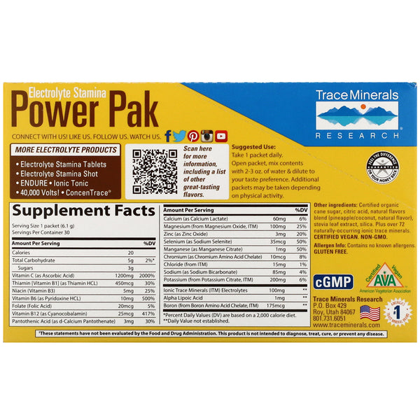 Trace Minerals Research, Electrolyte Stamina Power Pak, Pineapple Coconut, 30 Packets, 0.22 oz (6.1 g) Each - The Supplement Shop