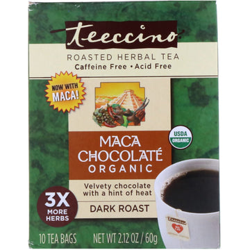 Teeccino, Organic Roasted Herbal Tea, Maca Chocolate, Dark Roast, Caffeine Free, 10 Tea Bags, 2.12 oz (60 g)