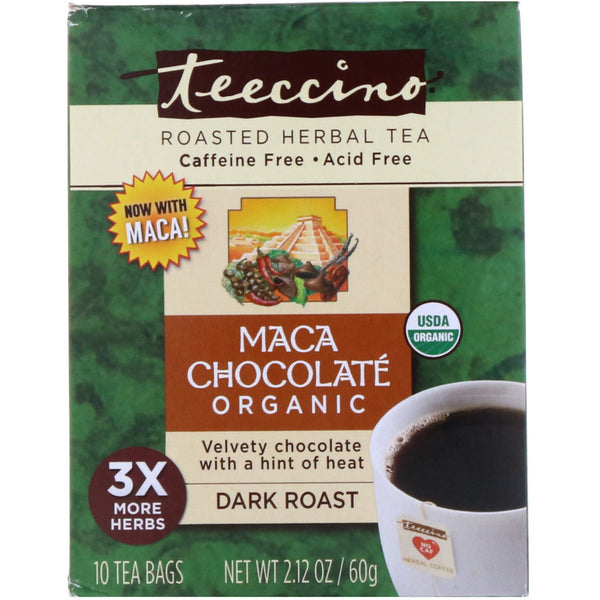 Teeccino, Organic Roasted Herbal Tea, Maca Chocolate, Dark Roast, Caffeine Free, 10 Tea Bags, 2.12 oz (60 g) - The Supplement Shop