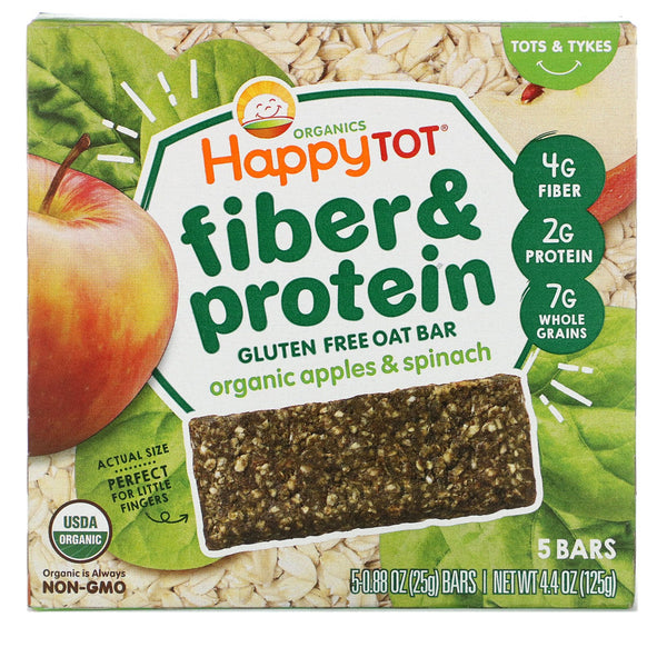 Happy Family Organics, Happytot, Fiber & Protein Soft-Baked Oat Bar, Organic Apples & Spinach, 5 Bars, 0.88 oz (25 g) Each - The Supplement Shop