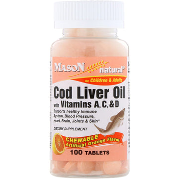 Mason Natural, Chewable Cod Liver Oil, with Vitamins A, C, & D, Artificial Orange Flavor, 100 Tablets