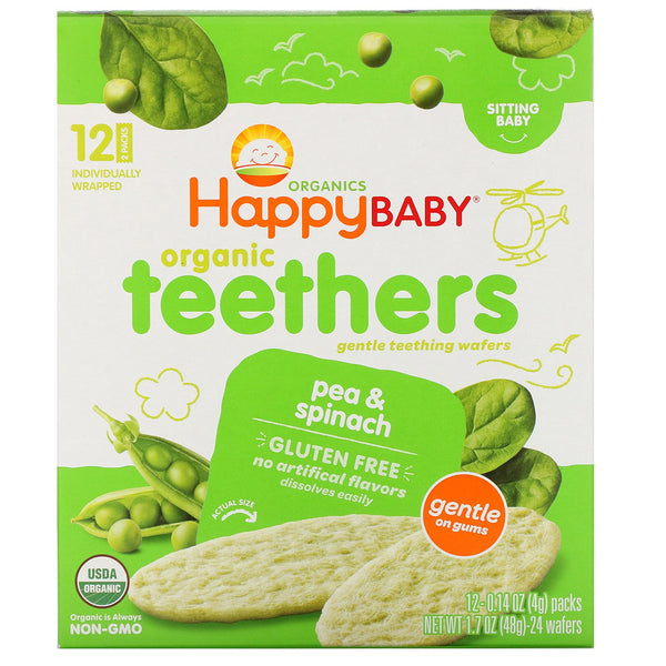 Happy Family Organics, Organic Teethers , Gentle Teething Wafers, Sitting Baby, Pea & Spinach, 12 Packs, 0.14 oz (4 g) Each - The Supplement Shop