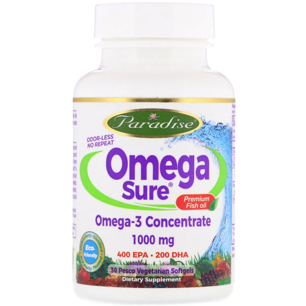 Paradise Herbs, Omega Sure, Omega-3 Premium Fish Oil, 1,000 mg, 30 Pesco Vegetarian Softgels - The Supplement Shop