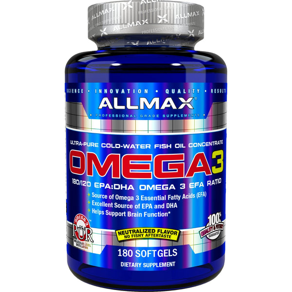 ALLMAX Nutrition, Omega-3 Fish Oil, Ultra-Pure Cold-Water Fish Oil, 180 Softgels - The Supplement Shop