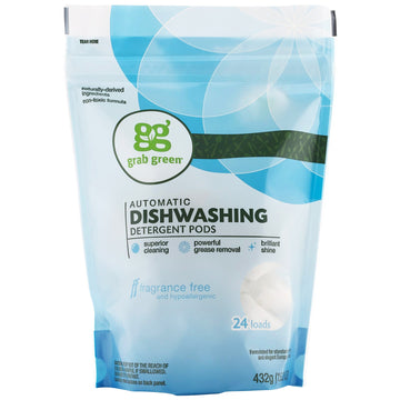 Grab Green, Automatic Dishwashing Detergent Pods, Fragrance Free, 24 Loads, 15.2 oz (432 g)
