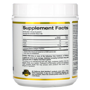 California Gold Nutrition, Hydrolyzed Marine Collagen Peptides, Unflavored, 1.1 lb (500 g)