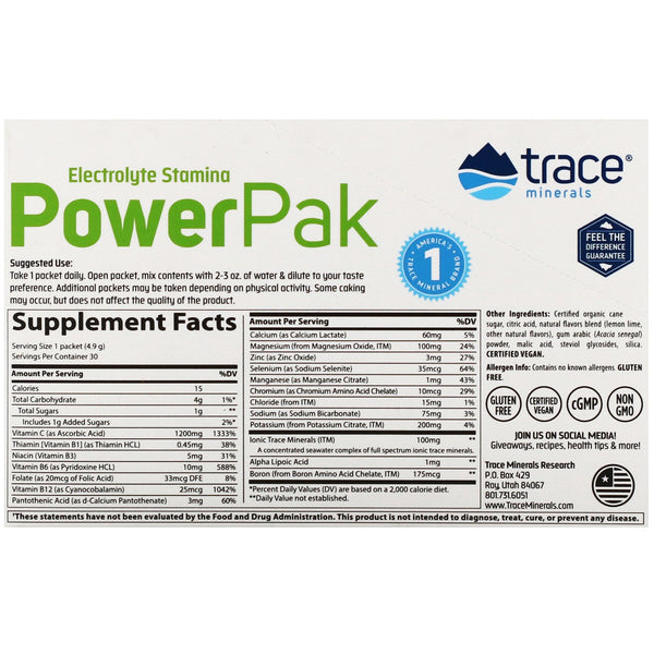 Trace Minerals Research, Electrolyte Stamina PowerPak, Lemon Lime, 30 Packets, 0.17 oz (4.9 g) Each - The Supplement Shop