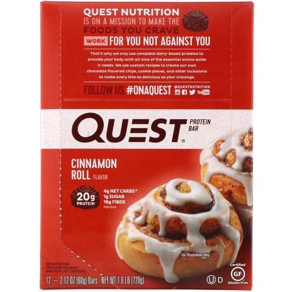 Quest Nutrition, Protein Bar, Cinnamon Roll, 12 Bars, 2.12 oz (60 g) Each - The Supplement Shop