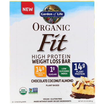 Garden of Life, Organic Fit, High Protein Weight Loss Bar, Chocolate Coconut Almond, 12 Bars, 1.9 oz (55 g) Each