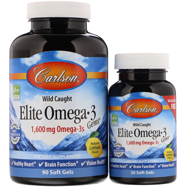 Carlson Labs, Wild Caught, Elite Omega-3 Gems, Natural Lemon Flavor, 1,600 mg, 90 + 30 Free Soft Gels - The Supplement Shop