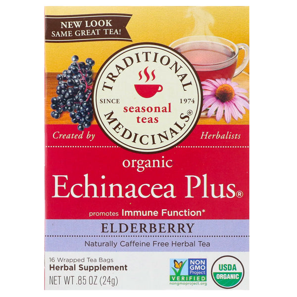 Traditional Medicinals, Organic Echinacea Plus, Elderberry, Caffeine Free, 16 Wrapped Tea Bags, .85 oz (24 g) - The Supplement Shop