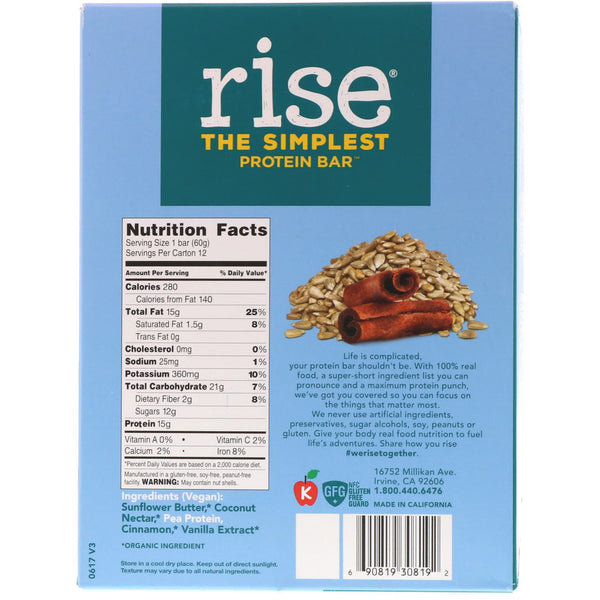 Rise Bar, The Simplest Protein Bar, Sunflower Cinnamon, 12 Bars, 2.1 oz (60 g) Each - The Supplement Shop