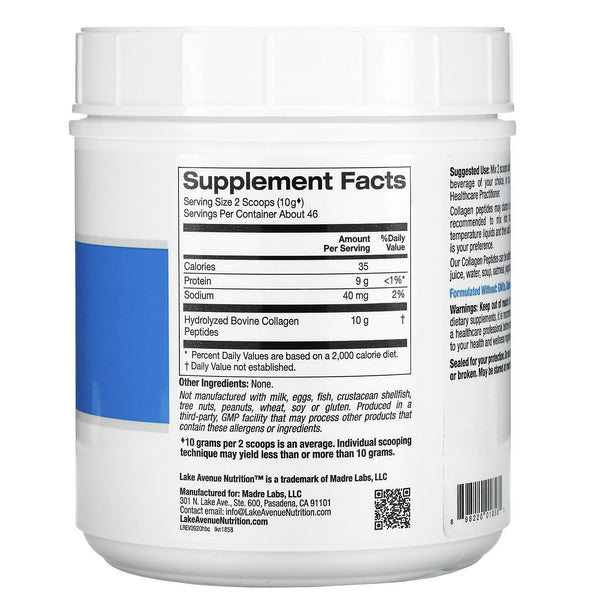 Lake Avenue Nutrition, Hydrolyzed Collagen Peptides, Type I & III, Unflavored, 1.01 lb (460 g) - The Supplement Shop