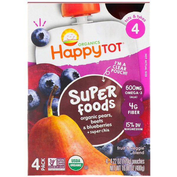 Happy Family Organics, Organic Happy Tot, Super Foods, Organic Pears, Beets & Blueberries + Super Chia, Stage 4, 4 Pack, 4.22 oz (120 g) Each - The Supplement Shop